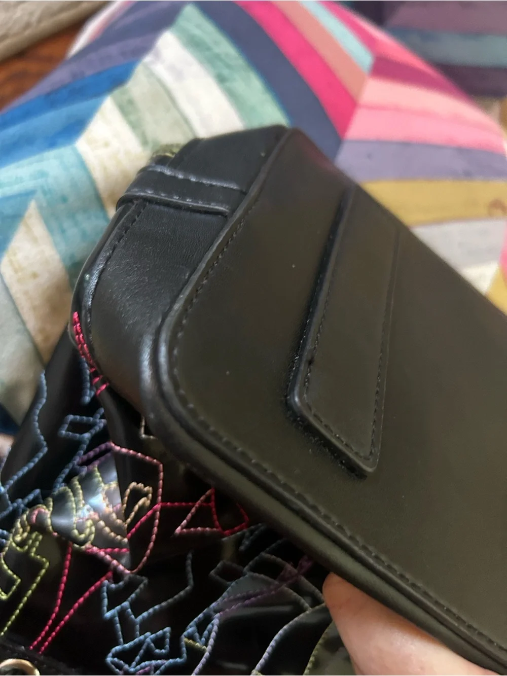 Black Glossy Multicolor Stitch Tote Bag